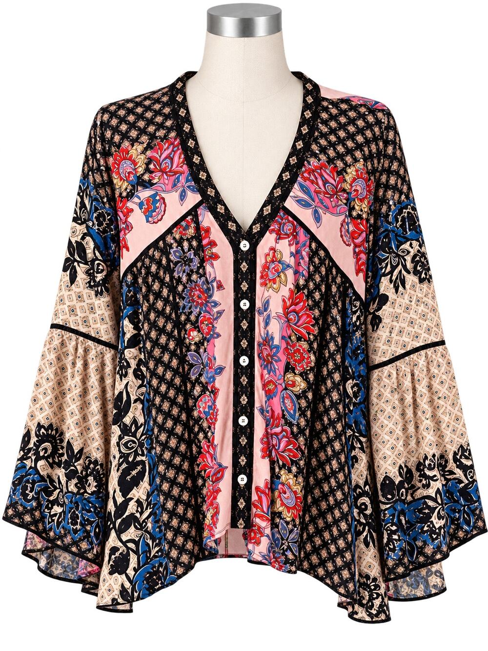Angie Boho Patchwork Floral Button Front Blouse - Size S - Bell Sleeve - Y2K